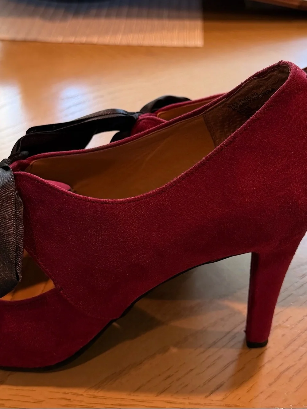 Rialto Burgundy Suede Pumps with Black Satin Bow